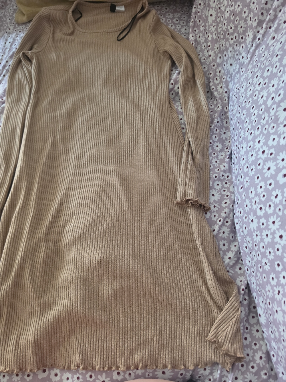 Divided Camel Ribbed Knit Long Sleeve Tunic